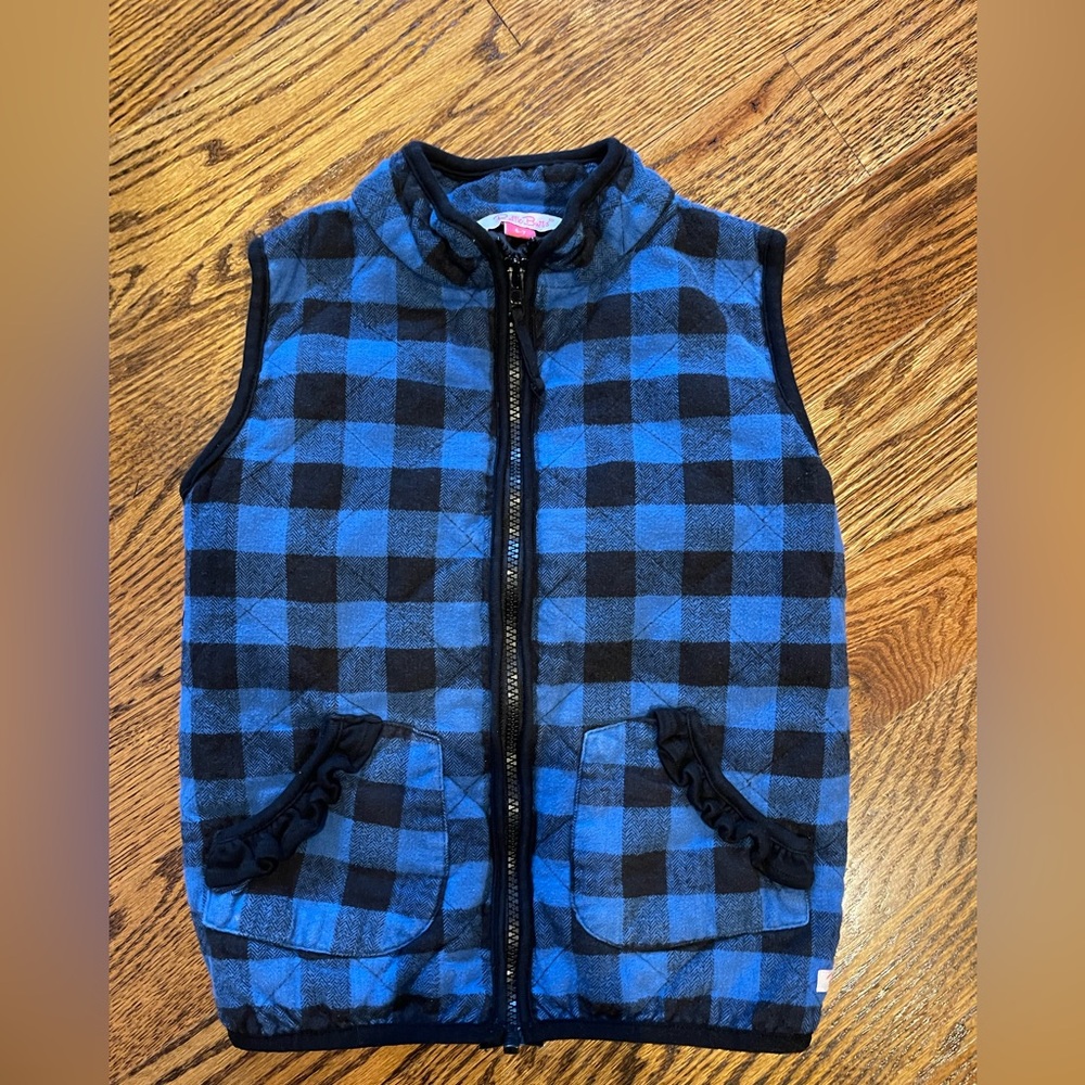 Ruffle Butts Vest Girls 6 -7 Blue Black Gingham Plaid Comfort Full Zip Lined